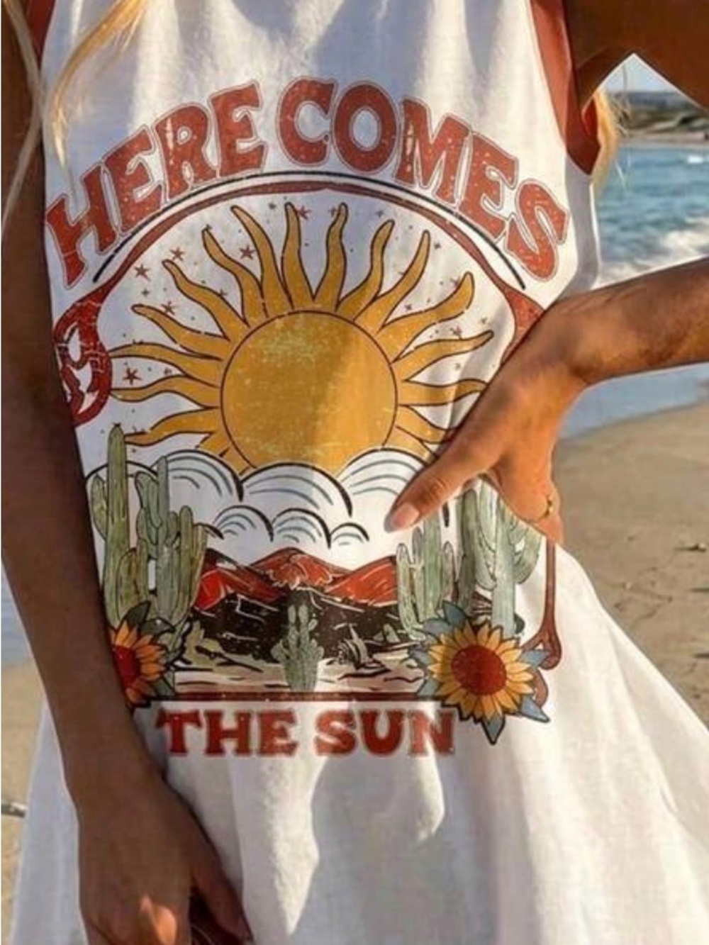 Graphic 'Here Comes The Sun' White Tank Dress with Sunflower Print - Picture 3 of 3